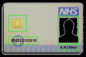 NHS ID card with photo blacked out